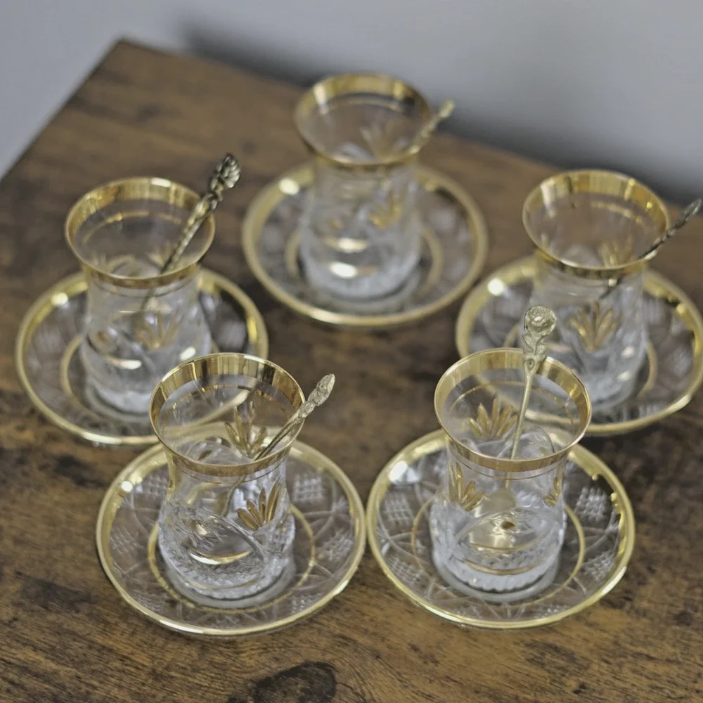Vintage Turkish Crystal Tea Glass Saucer Spoon Gold Rim Choose Set READ